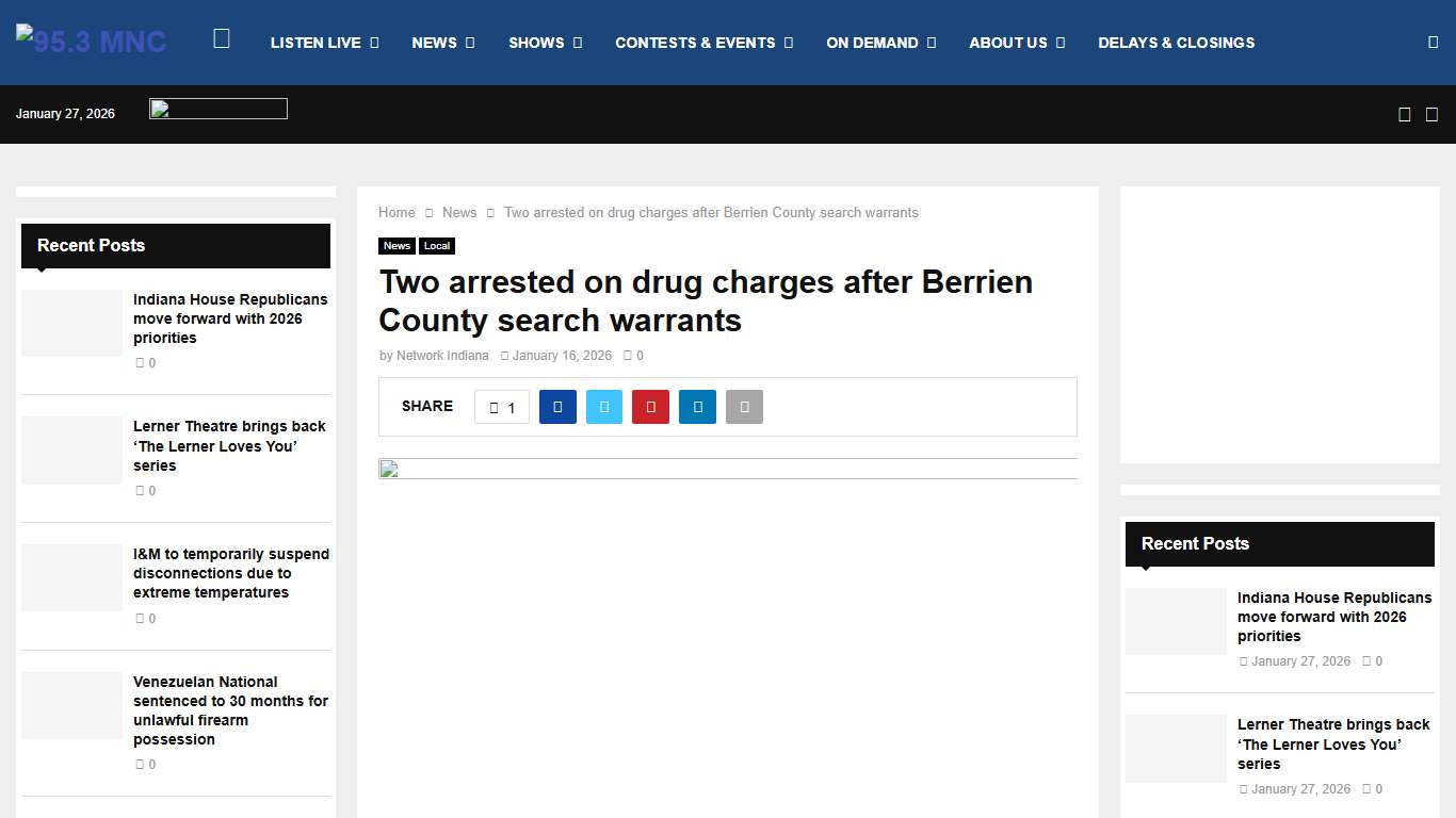 Two arrested on drug charges after Berrien County search warrants - 95.3 MNC